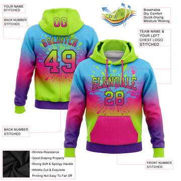 Custom Stitched Sky Blue Neon Green Hot Pink Purple-Black Fade Fashion Splash Sports Pullover Sweatshirt Hoodie