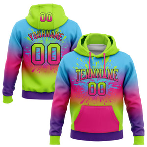 Custom Stitched Sky Blue Neon Green Hot Pink Purple-Black Fade Fashion Splash Sports Pullover Sweatshirt Hoodie