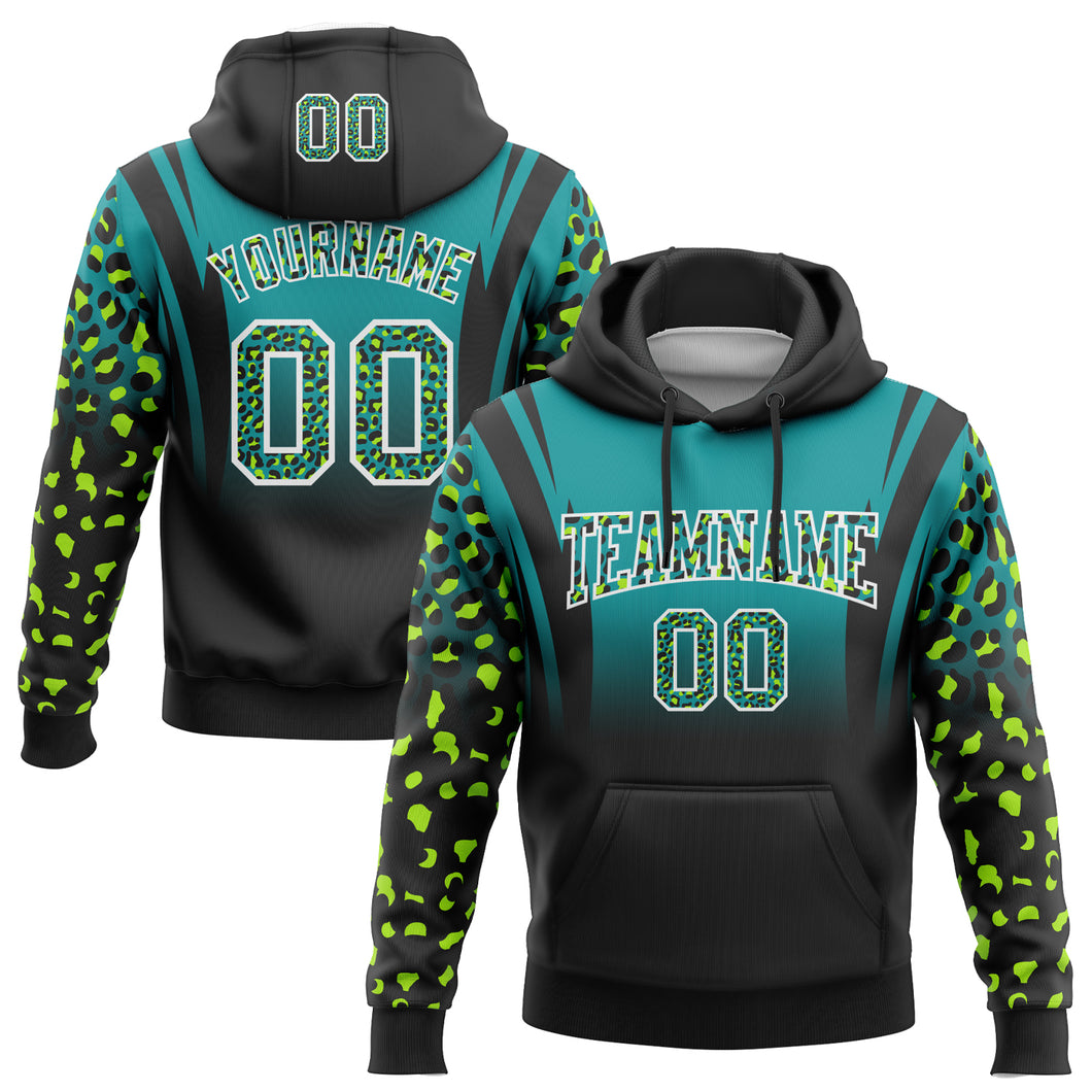 Custom Stitched Teal Black-White Fade Fashion Leopard Print Sports Pullover Sweatshirt Hoodie