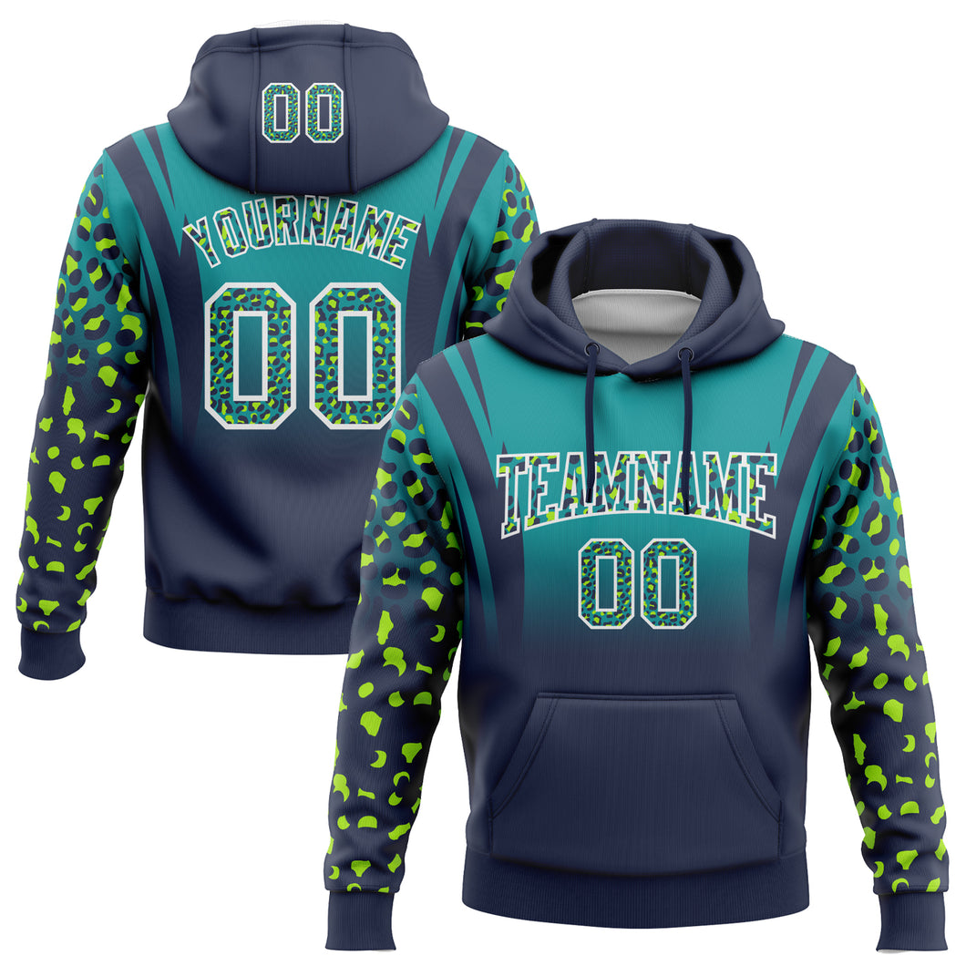 Custom Stitched Teal Navy-White Fade Fashion Leopard Print Sports Pullover Sweatshirt Hoodie