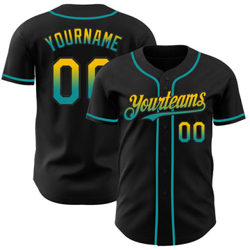 Custom Black Yellow-Teal Authentic Fade Fashion Baseball Jersey