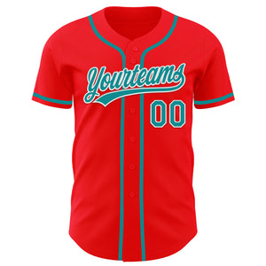 Custom Fire Red Teal-White Authentic Baseball Jersey