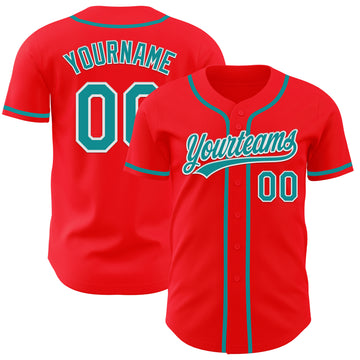 Custom Fire Red Teal-White Authentic Baseball Jersey