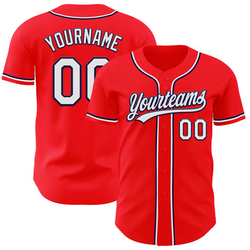 Custom Fire Red White-Navy Authentic Baseball Jersey