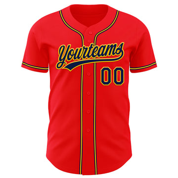 Custom Fire Red Navy-Yellow Authentic Baseball Jersey