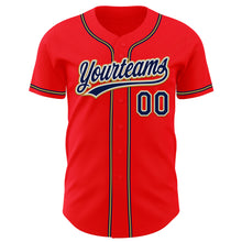 Load image into Gallery viewer, Custom Fire Red Navy-Old Gold Authentic Baseball Jersey
