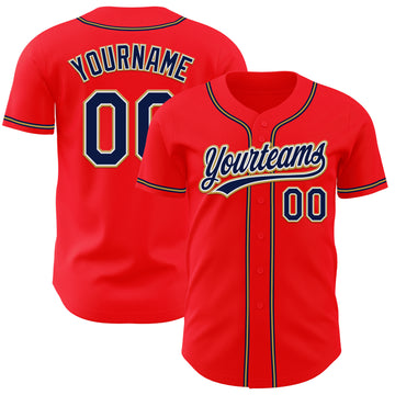 Custom Fire Red Navy-Old Gold Authentic Baseball Jersey