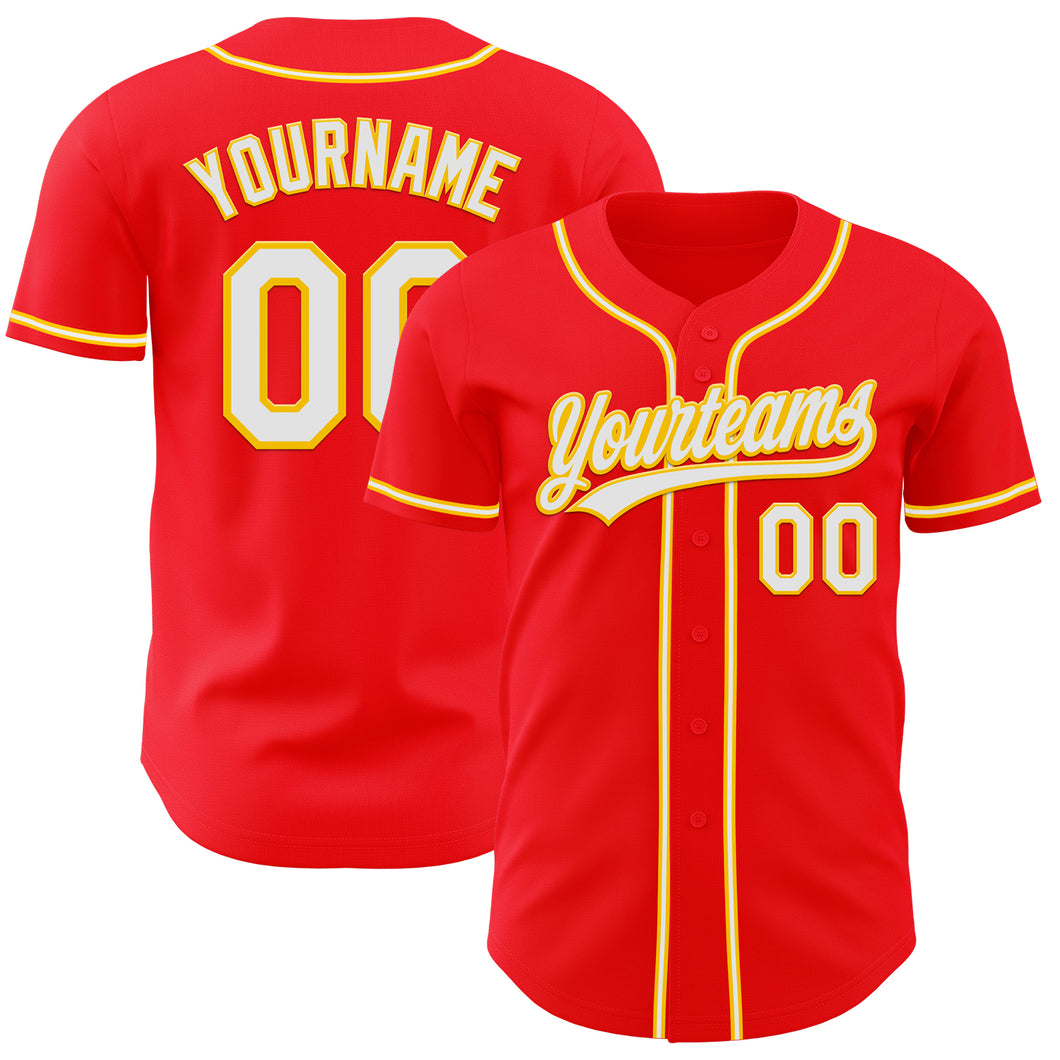 Custom Fire Red White-Yellow Authentic Baseball Jersey