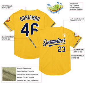 Custom Gold Navy-White Mesh Authentic Throwback Baseball Jersey