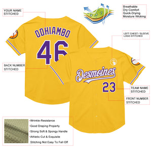 Custom Gold Purple-White Mesh Authentic Throwback Baseball Jersey