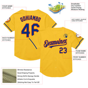 Custom Gold Royal-Orange Mesh Authentic Throwback Baseball Jersey