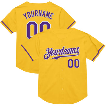 Custom Gold Purple-White Mesh Authentic Throwback Baseball Jersey