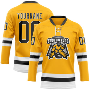 Custom Gold Black-White Hockey Lace Neck Jersey