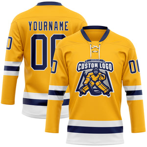 Custom Gold Navy-White Hockey Lace Neck Jersey