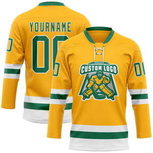 Custom Gold Kelly Green-White Hockey Lace Neck Jersey