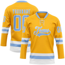 Загрузить изображение в средство просмотра галереи, Custom Gold Light Blue-White Hockey Lace Neck Jersey
