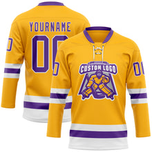 Загрузить изображение в средство просмотра галереи, Custom Gold Purple-White Hockey Lace Neck Jersey
