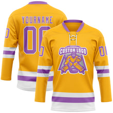 Загрузить изображение в средство просмотра галереи, Custom Gold Medium Purple-White Hockey Lace Neck Jersey
