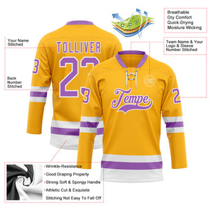 Custom Gold Medium Purple-White Hockey Lace Neck Jersey