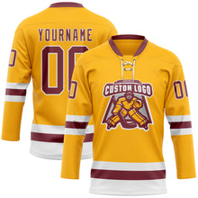 Загрузить изображение в средство просмотра галереи, Custom Gold Burgundy-White Hockey Lace Neck Jersey
