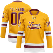 Загрузить изображение в средство просмотра галереи, Custom Gold Burgundy-White Hockey Lace Neck Jersey
