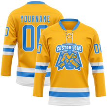 Загрузить изображение в средство просмотра галереи, Custom Gold Powder Blue-White Hockey Lace Neck Jersey
