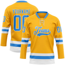 Загрузить изображение в средство просмотра галереи, Custom Gold Powder Blue-White Hockey Lace Neck Jersey
