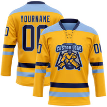 Загрузить изображение в средство просмотра галереи, Custom Gold Navy-Light Blue Hockey Lace Neck Jersey
