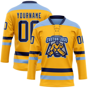 Custom Gold Navy-Light Blue Hockey Lace Neck Jersey