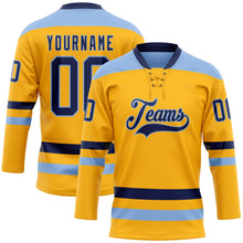 Загрузить изображение в средство просмотра галереи, Custom Gold Navy-Light Blue Hockey Lace Neck Jersey
