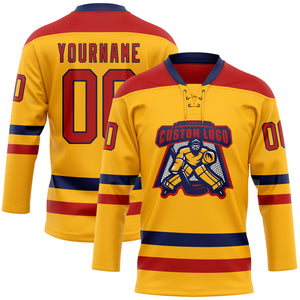 Custom Gold Red-Navy Hockey Lace Neck Jersey