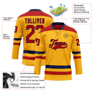 Custom Gold Red-Navy Hockey Lace Neck Jersey