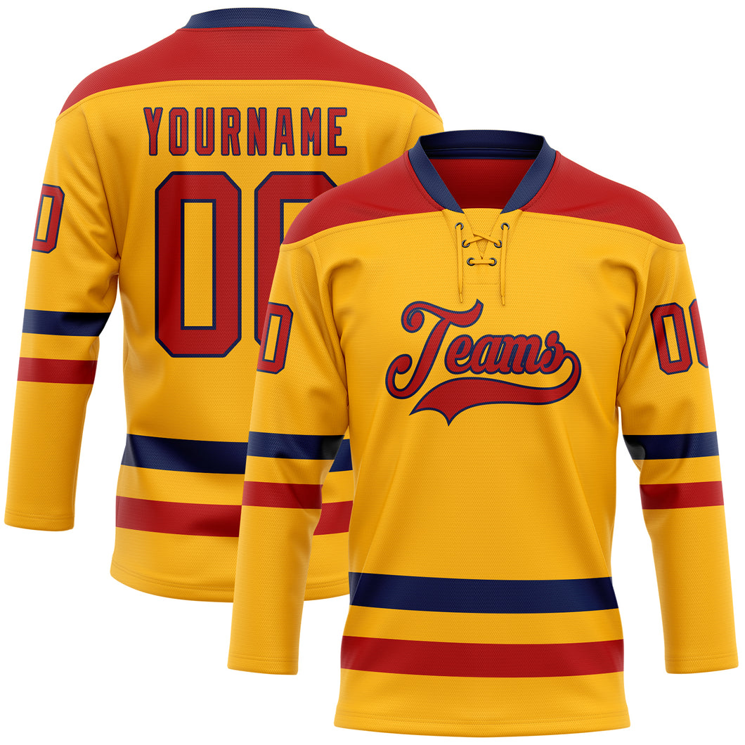 Custom Gold Red-Navy Hockey Lace Neck Jersey