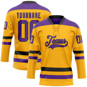 Custom Gold Purple-Black Hockey Lace Neck Jersey