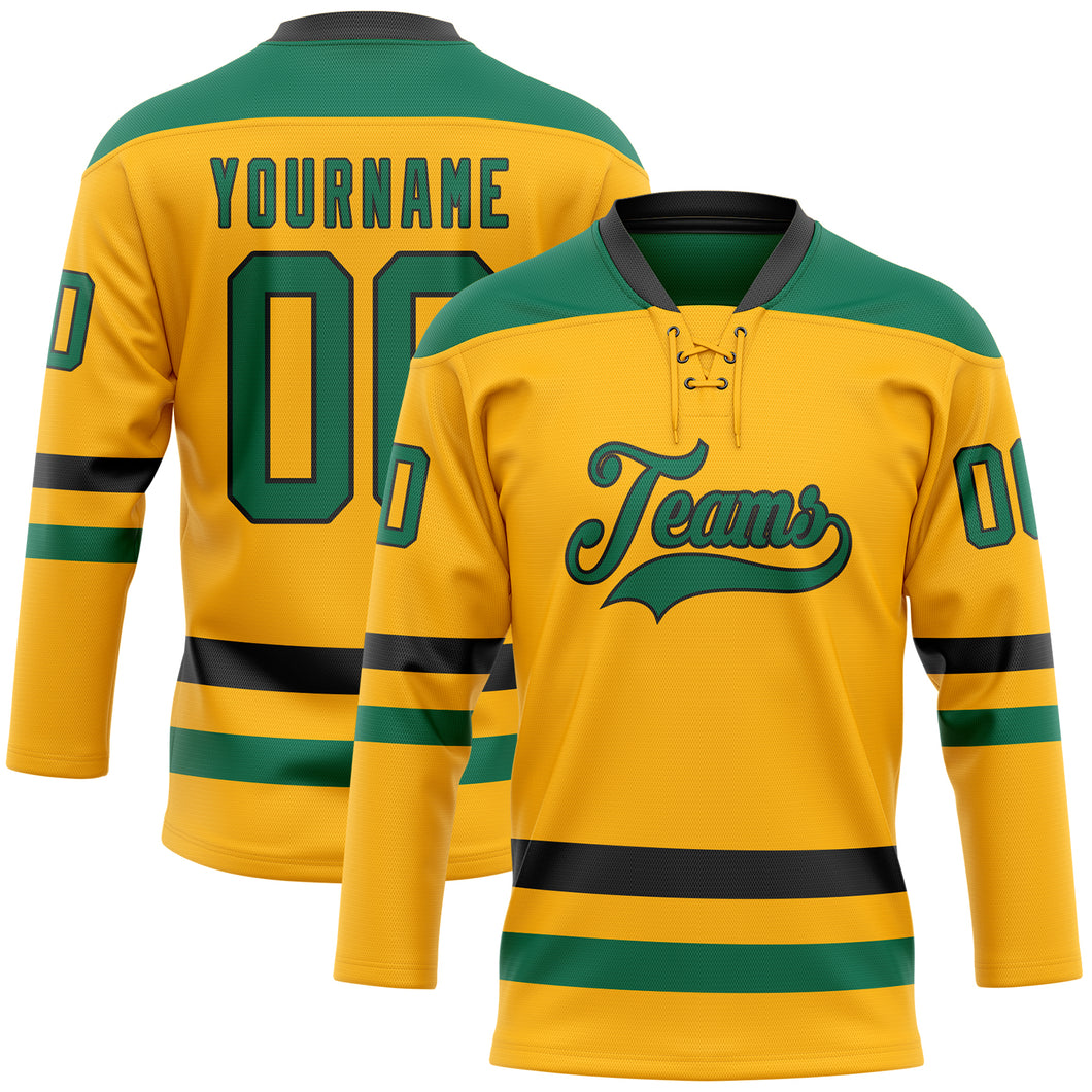 Custom Gold Kelly Green-Black Hockey Lace Neck Jersey