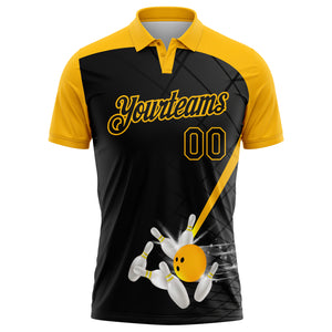 Custom Black Gold 3D Pattern Design Bowling Performance Polo Shirt