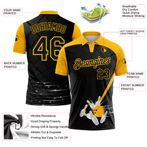 Custom Black Gold 3D Pattern Design Bowling Performance Polo Shirt