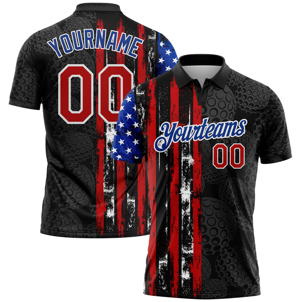 Custom Black Red-Royal 3D Pattern Design Golf Ball American Flag Performance Golf Polo Shirt