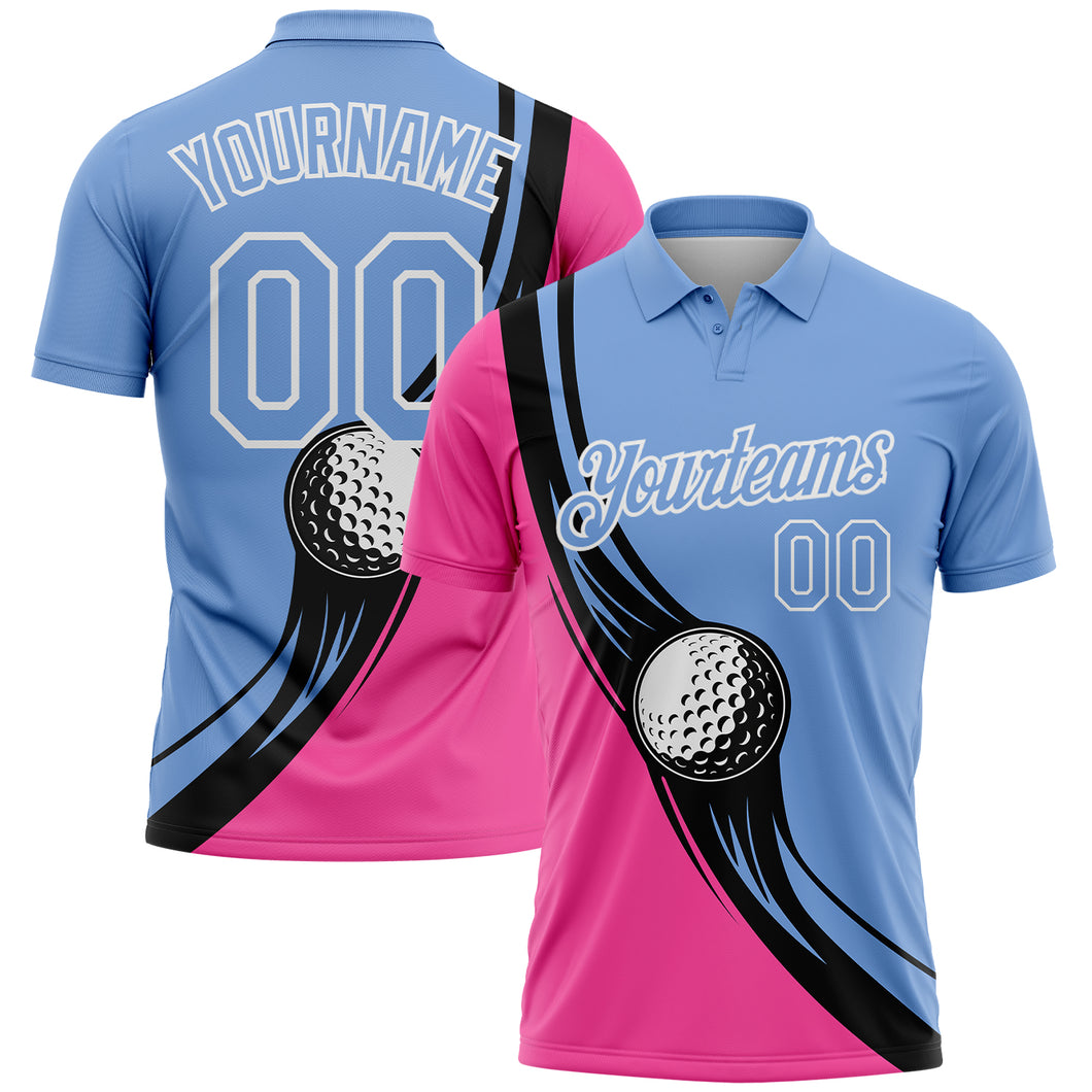 Custom Light Blue Pink-Black 3D Pattern Design Golf Ball Performance Golf Polo Shirt