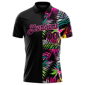 Custom Black Pink 3D Pattern Design Tropical Hawaii Palm Leaves Performance Golf Polo Shirt