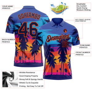 Custom Powder Blue Navy-Orange 3D Pattern Design Hawaii Palm Trees Performance Golf Polo Shirt