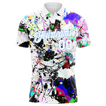 Custom Graffiti Pattern White-Light Blue 3D Splashes Performance Golf Polo Shirt