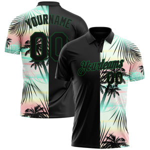 Custom Black Green 3D Pattern Design Tropical Hawaii Palm Leaves Performance Golf Polo Shirt