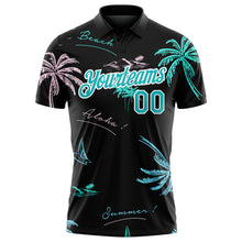 Загрузить изображение в средство просмотра галереи, Custom Black Teal-White 3D Pattern Design Hawaii Palm Trees Performance Golf Polo Shirt
