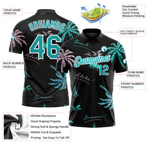 Custom Black Teal-White 3D Pattern Design Hawaii Palm Trees Performance Golf Polo Shirt