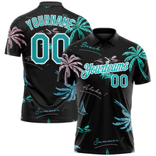 Загрузить изображение в средство просмотра галереи, Custom Black Teal-White 3D Pattern Design Hawaii Palm Trees Performance Golf Polo Shirt
