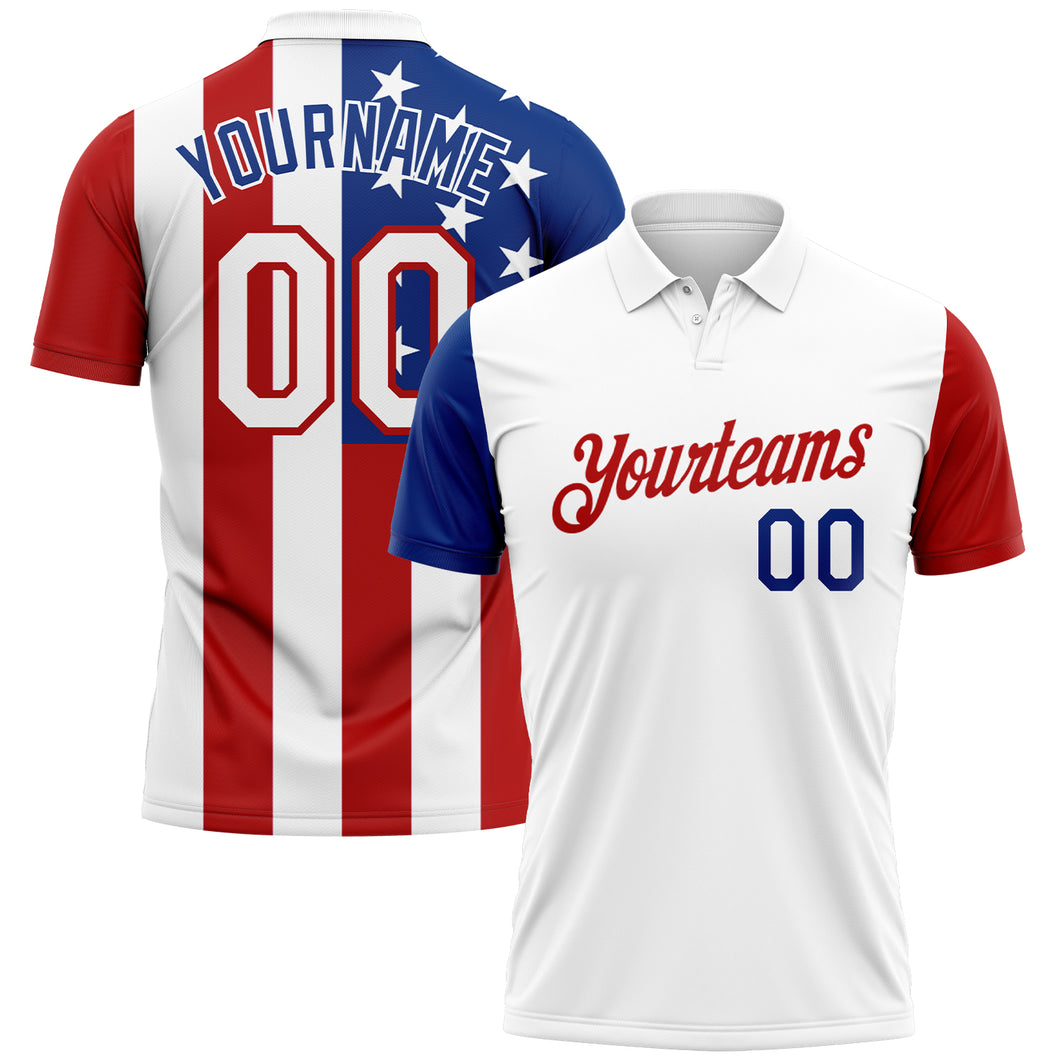 Custom White Red-Royal 3D American Flag Performance Golf Polo Shirt