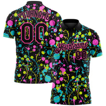 Charger l&#39;image dans la galerie, Custom Graffiti Pattern Black-Pink 3D Neon Splatter Performance Golf Polo Shirt
