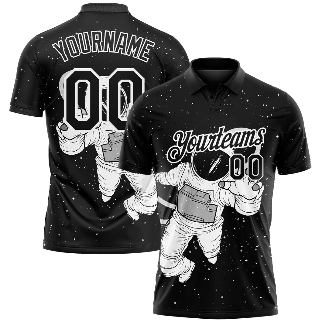 Custom Black White 3D Pattern Design Astronaut Performance Golf Polo Shirt