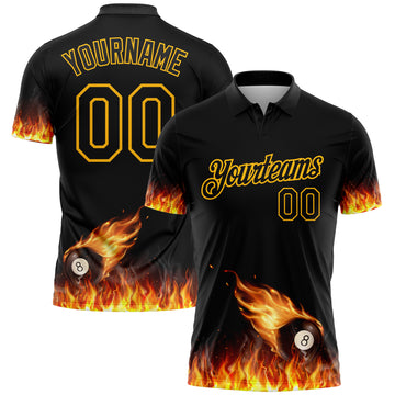 Custom Black Yellow 3D Pattern Design Flame Billiards 8 Ball Performance Polo Shirt